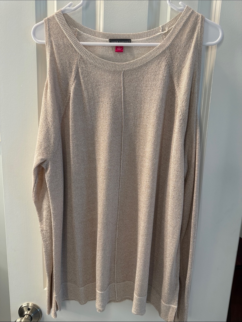 Vince Camuto Neutral Beige/gold sparkle Knit Cold Shoulder Long Sleeve Top